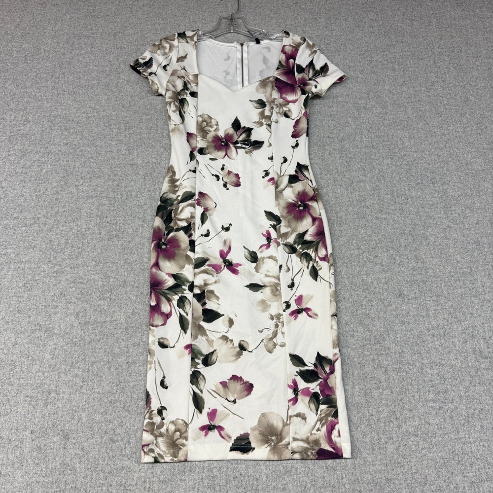Vijo Couture Floral Sheath Dress Small White Purple Sweetheart Neck Midi Zipper